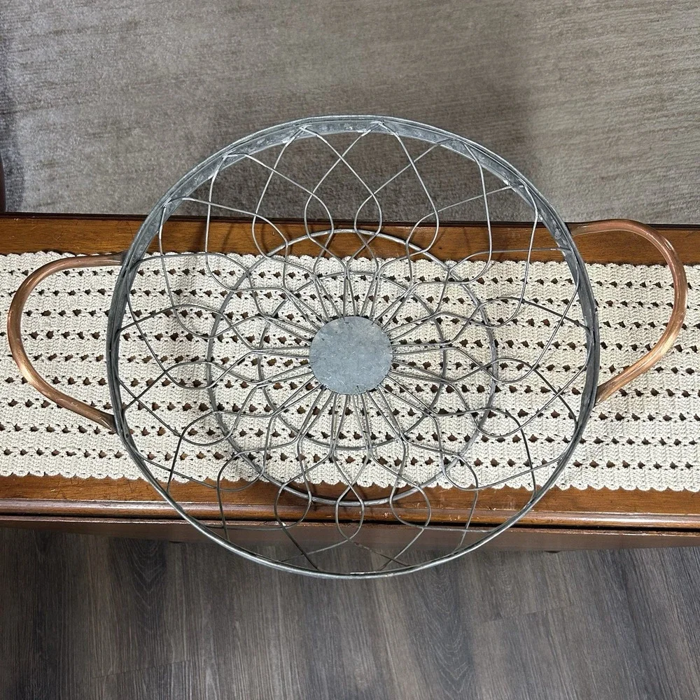 Farmhouse Galvanized Steel Wire Basket Copper Handles Large Table Decor 16.5 Dia